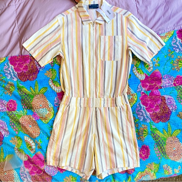 ASOS Pants - NWT ASOS Design Striped Short Sleeve Zip Up One Piece Romper